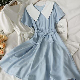 Short-sleeve Colorblock Midi Dress With Sash