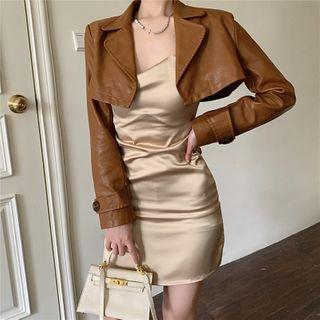 Spaghetti Strap Satin Mini Bodycon Dress / Faux Leather Cropped Jacket