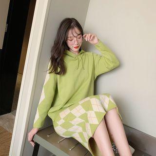 Set: Argyle Hooded Sweater + Knit Midi Straight-fit Skirt