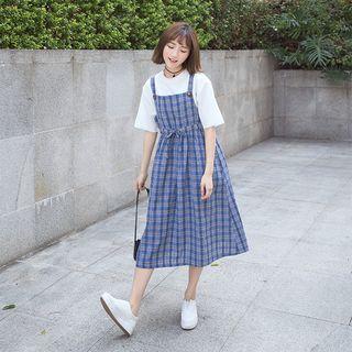 Drawstring Plaid Jumper Dress