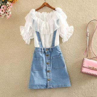 Set: Ruffle Trim Short-sleeve Top + Denim Suspender Skirt