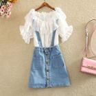 Set: Ruffle Trim Short-sleeve Top + Denim Suspender Skirt