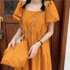 Set: Bucket Hat + Puff-sleeve Square-neck A-line Dress