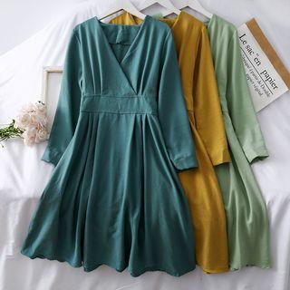 Gather-waist V-neck A-line Dress