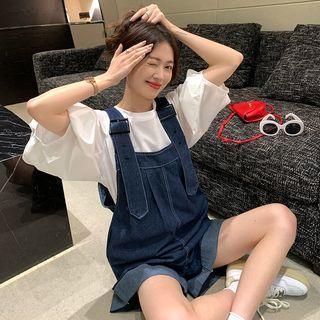 Set: Elbow Sleeve Plain Blouse + Denim Jumper Shorts