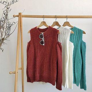 Plain Off-shoulder Rib Knit Long-sleeve Sweater