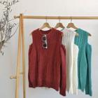 Plain Off-shoulder Rib Knit Long-sleeve Sweater