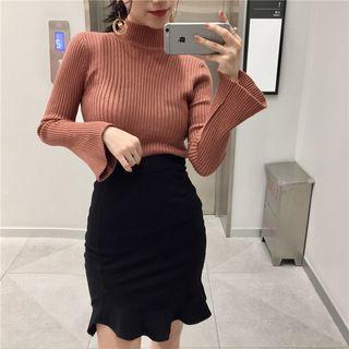 Plain Mock-neck Slim-fit Bell-sleeve Knit Top