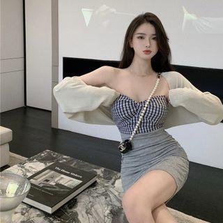 Cropped Cardigan / Strapless Plaid Panel Mini Sheath Dress