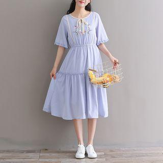 Embroidered Elbow-sleeve Midi Chiffon Dress