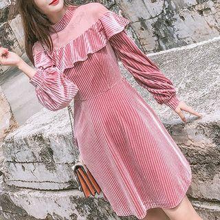 Mesh Panel Ruffle Trim Pleuche A-line Dress