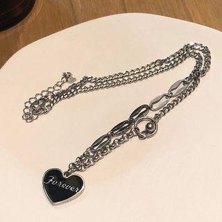 Heart Pendant Chain Necklace Black & Silver - One Size