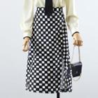 Puff-sleeve Contrast Trim Blouse / Checker Print Midi A-line Skirt