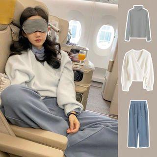 Turtleneck Long Sleeve Top / V-neck Sweater / Plain Dress Pants / Set