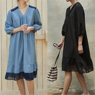 Pintuck-trim Ruffle-hem Chiffon Dress