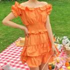 Set: Puff-sleeve Frill Trim Shirred Crop Top + Tiered Mini A-line Skirt Tangerine Red - One Size