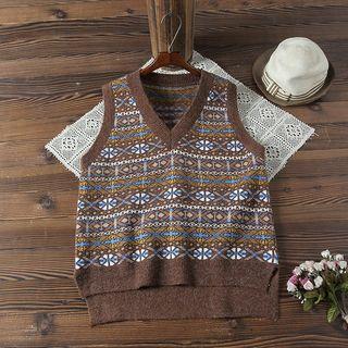 V-neck Patterned Knit Vest Coffee - One Size