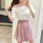 Set: Short-sleeve Lettering T-shirt Dress + A-line Lace Skirt