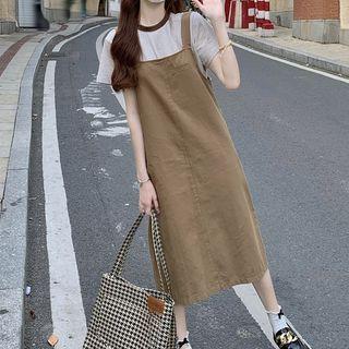 Short-sleeve Pinstriped T-shirt / Midi Overall Dress