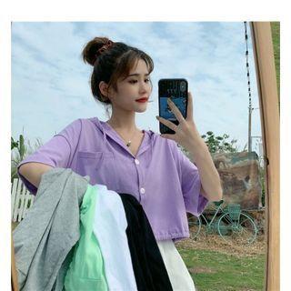 Elbow-sleeve Buttoned Hooded Crop Top