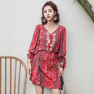 3/4-sleeve Print Dress With Sash