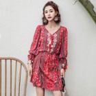 3/4-sleeve Print Dress With Sash