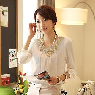 Long-sleeve Lace-neckline Pleated Chiffon Blouse