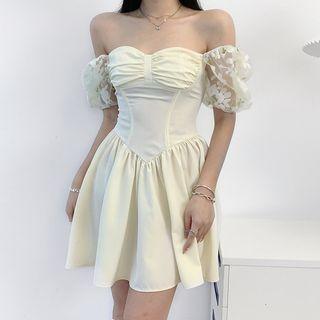 Puff-sleeve Off-shoulder Lace Panel Mini A-line Dress