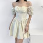 Puff-sleeve Off-shoulder Lace Panel Mini A-line Dress