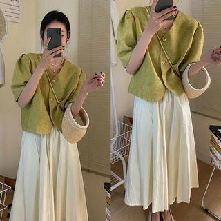Short-sleeve V-neck Button-up Jacket / Midi A-line Skirt