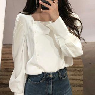 Plain Long-sleeve Square-neck Blouse