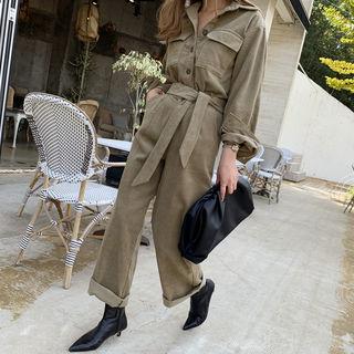 Flap-pocket Corduroy Shirt & Sash Khaki - One Size