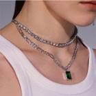 Rectangle Rhinestone Pendant Layered Choker Necklace Silver - One Size