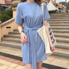 Short-sleeve Mini Knit Dress Blue - One Size