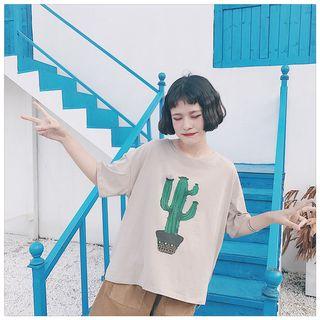 Cactus Print Elbow-sleeve T-shirt