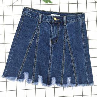 Distressed Hem A-line Denim Skirt