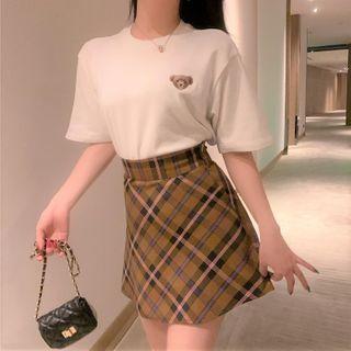 Elbow-sleeve Embroidered T-shirt / Plaid Mini A-line Skirt