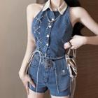 Set: Sleeveless Denim Top + Hot Pants