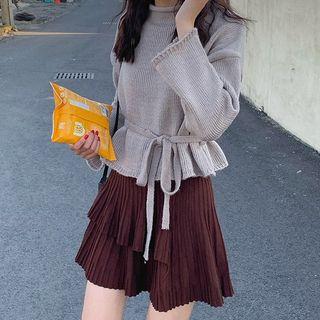 Set: Tie Waist Sweater + Mini Pleated A-line Skirt Set - Top - One Size / Skirt - One Size