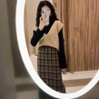 Long-sleeve Top / Sweater Vest / Plaid Midi A-line Skirt / Set