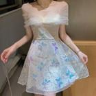 Off-shoulder Butterfly Sequined Mesh Mini A-line Dress
