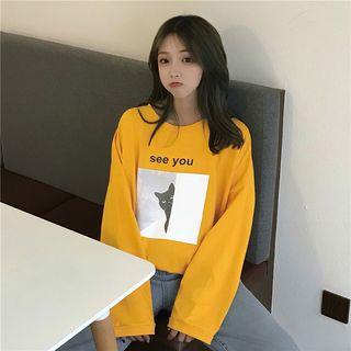 Cat-print Lettering Long-sleeve T-shirt