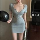 Short-sleeve Mock Two-piece Cut-out Mini Sheath Dress