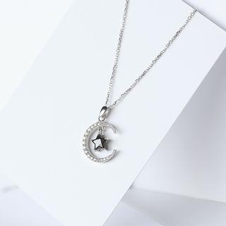 925 Sterling Silver Moon & Star Rhinestone Necklace Silver & Black - One Size