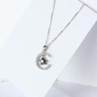 925 Sterling Silver Moon & Star Rhinestone Necklace Silver & Black - One Size