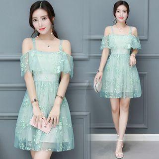 Floral Print Off-shoulder Tie-waist Panel Lace Sheath Dress