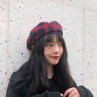 Plaid Faux Suede Beret Hat