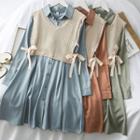 Set: Plain Shirtdress + Ribbon-side Knit Vest