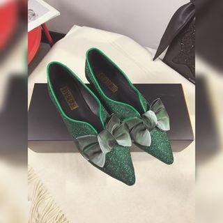 Bow-accent Glitter Pointy-toe Flats