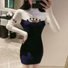 Two-tone Cut-out Long-sleeve Mini Knit Sheath Dress